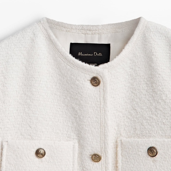 NWT. Massimo Dutti Cream Wool Blend Textured Elegant Cropped Jacket. Size M, L. - Picture 5 of 13